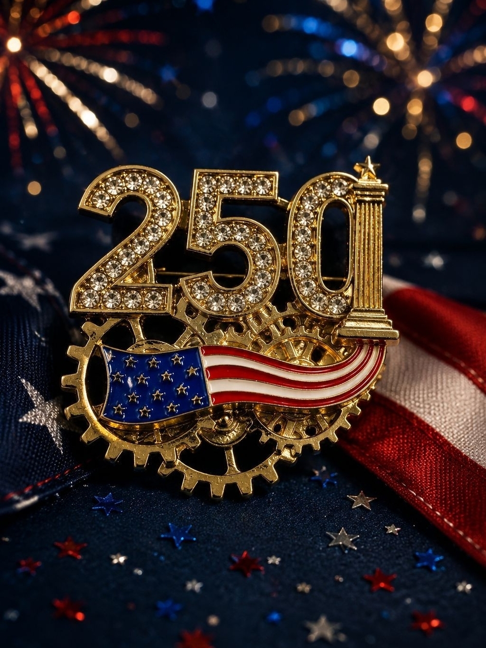 Gold '250' Americana Flag Brooch - Picture 5 of 7